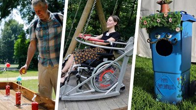 Rollstuhlschaukel, begrünnte Mülltonne